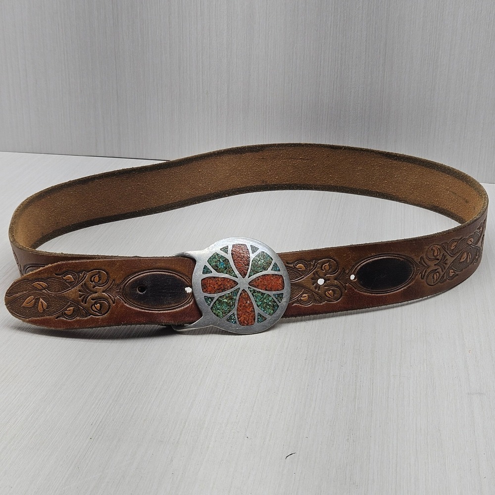 Indiana Metal Craft R J RobertsRainbow Jewelry Turquoise Inlay Buckle 1970s